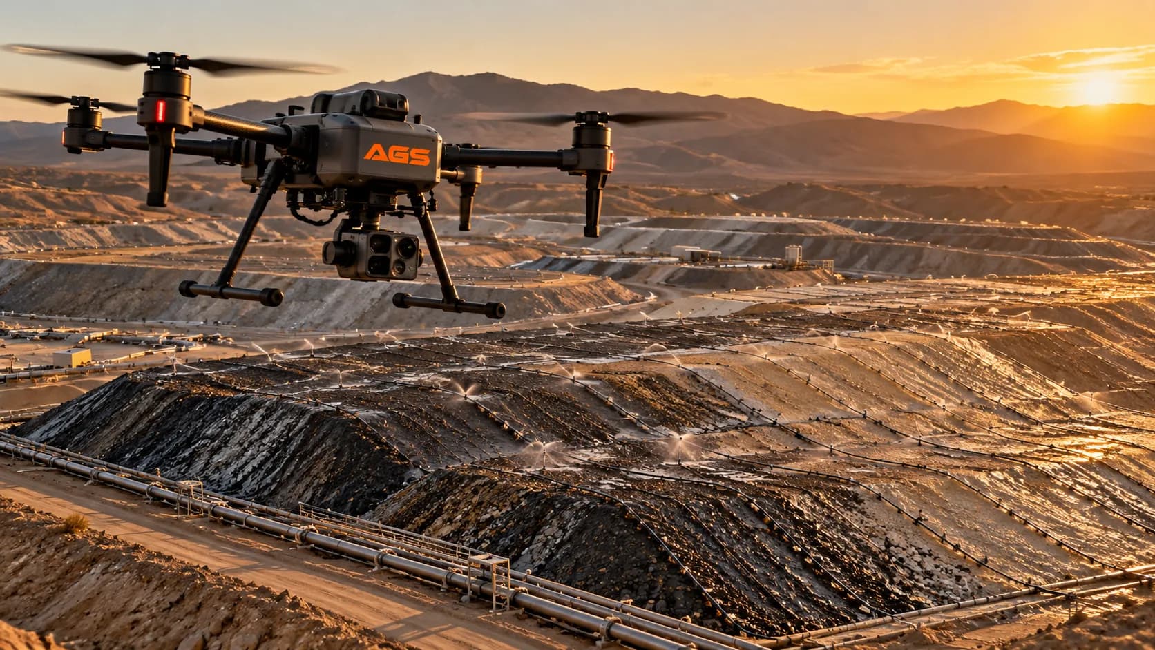 Dron de AGS sobre una pila de lixiviación, con las líneas de riego y los bancos de la pila al atardecer