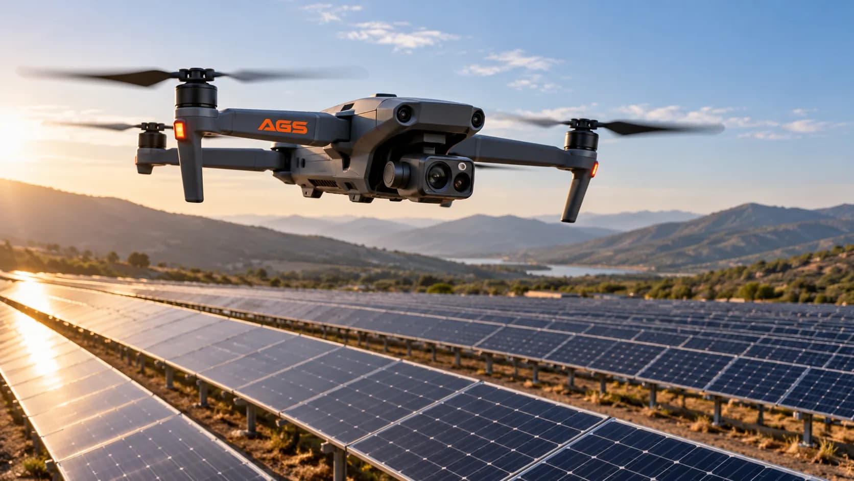 Dron de AGS en vuelo sobre las mesas de una planta fotovoltaica, con el sol saliendo detrás de los paneles