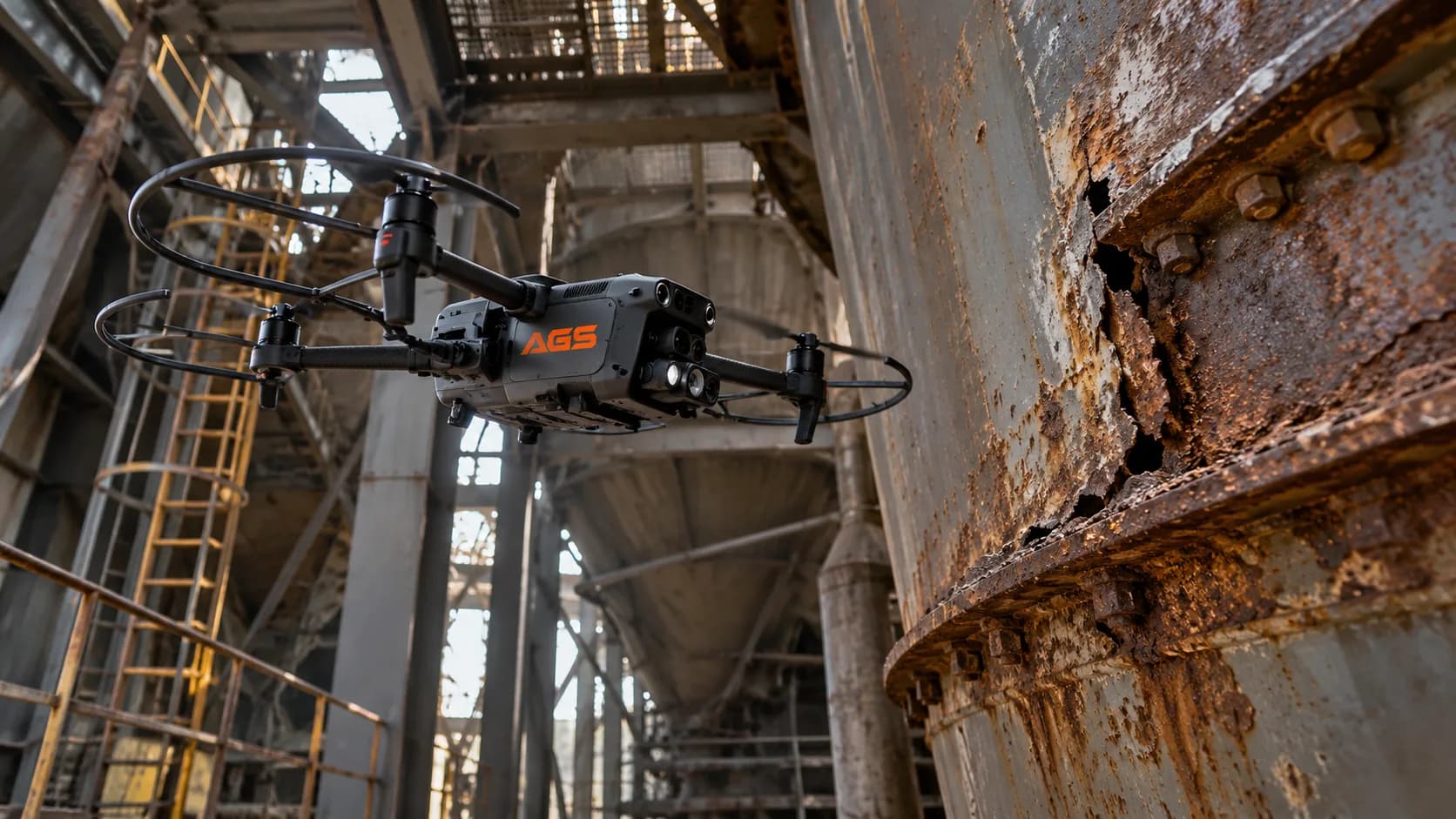 Dron de AGS con protecciones de hélice inspeccionando de cerca la corrosión de un estanque metálico dentro de una planta industrial
