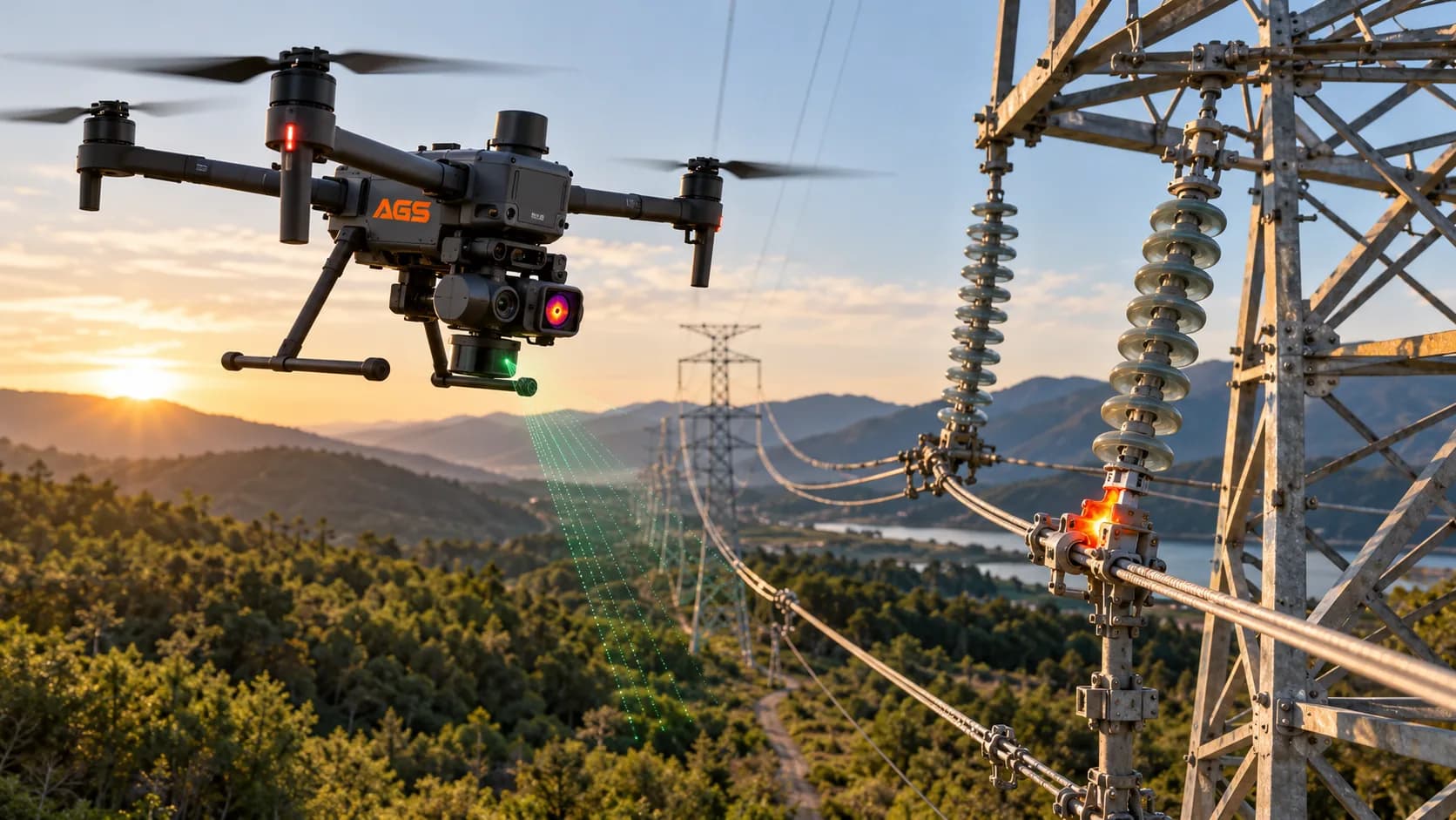 Dron de AGS inspeccionando los aisladores de una torre de alta tensión, con la línea extendiéndose por el valle