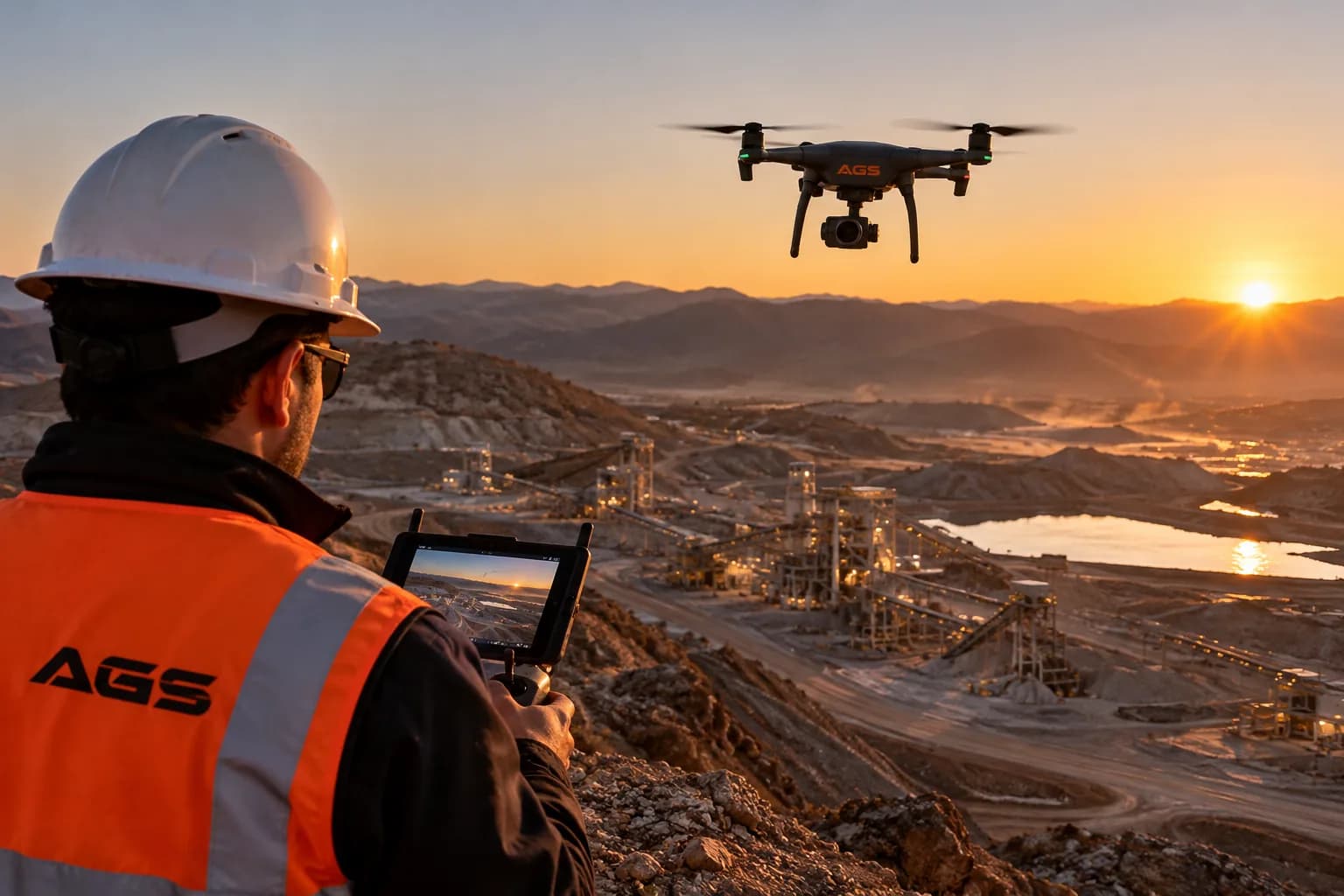 Operador de AGS pilotando un dron con el control en la mano, frente a una faena minera al atardecer