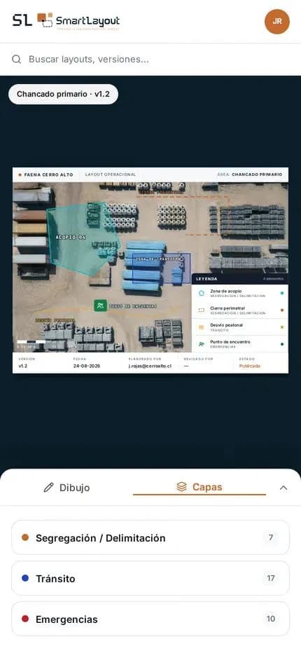 SmartLayout en el teléfono: la versión vigente del layout de Chancado primario y el panel de capas plegable